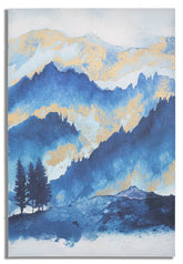Impression toile design montagne cadre en bois nuances de bleu décorations dorées
