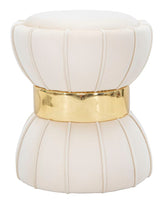 Tabouret rond Velours synthétique Crème bande dorée