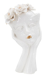 Vase Femme Masque avec Couronne de Fleurs et Décorations Dorées