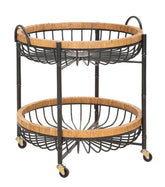 Chariot rond métal Noir et rotin naturel
