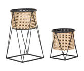 Paire de porte-vases ronds en métal Crème motifs Paille de Vienne socle Noir