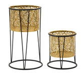 Porte-vase en métal doré feuilles socle noir ensemble 2 pcs