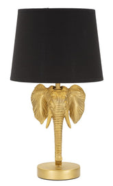 Lampe de table tête d'éléphant métal noir et abat-jour tissu noir