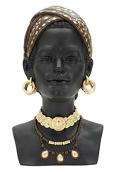 Statue tête de femme coiffe et bijoux en résine noire dorée