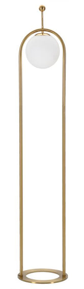 Lampadaire en métal doré abat-jour sphérique en verre blanc