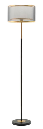 Lampe sur pied à deux niveaux Métal Noir et Or abat-jour Tissu Gris Transparent et Blanc bordure Dorée