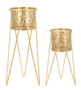 Support de vase en métal doré ensemble de 2 pcs décorés de sculptures irrégulières