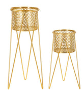 Support pour vase en métal doré décoré de sculptures rondes - Set de 2 pièces