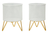 Ensemble de 2 Porte-vases rond en métal Blanc et support en métal Doré