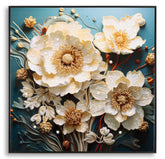 Tableau mural Laquared avec cadre en bois et métal Noir fleurs Blanches