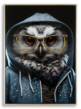 Peinture sur toile cadre en bois et métal argenté Chouette lunettes dorées