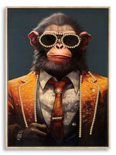 Peinture murale Singe encadrée en Bois et Métal doré avec applications en relief