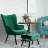Fauteuil en velours Amani avec pouf vert scandinave