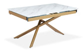 Table extensible Berllo en verre effet marbre blanc avec pieds en or