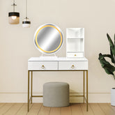 Coiffeuse avec miroir rond lumineux Cezaria 90 cm blanc et or