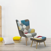 Fauteuil avec pouf Amani en tissu multicolore