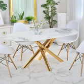 Table ovale 90x180cm effet marbre blanc Circus et pieds croisés métal doré