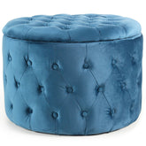 Pouf rond avec coffre Asimino en velours bleu capitonné