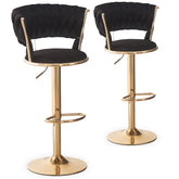 Lot de 2 chaises de bar Brillio dossier arrondi style maillage velours noir et métal or