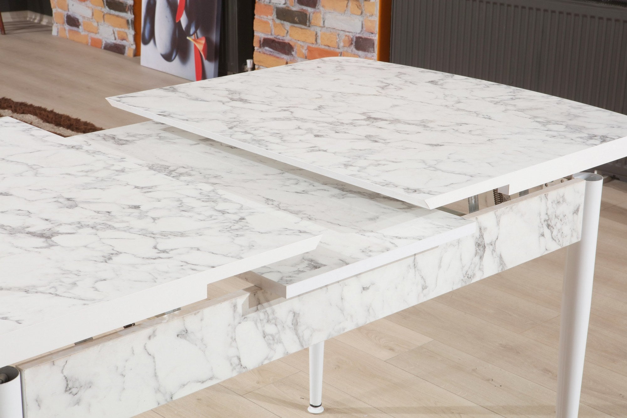 Table extensible Carrara Bois Effet marbre et Métal Gris clair