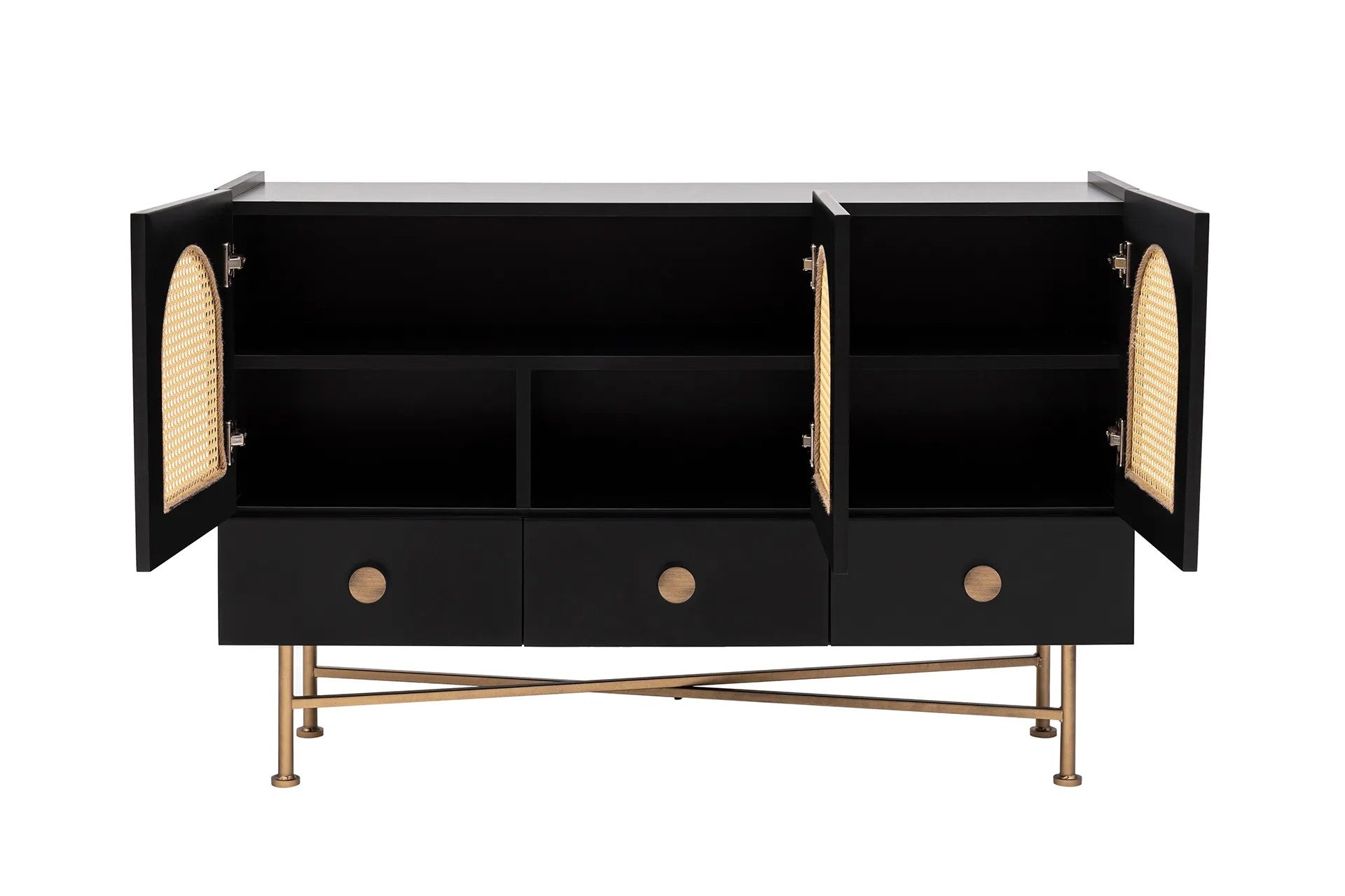 Buffet design avec cannage Kalfi L123xH63cm Bois Noir et Beige avec pieds Or