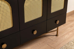 Buffet design avec cannage Kalfi L123xH63cm Bois Noir et Beige avec pieds Or