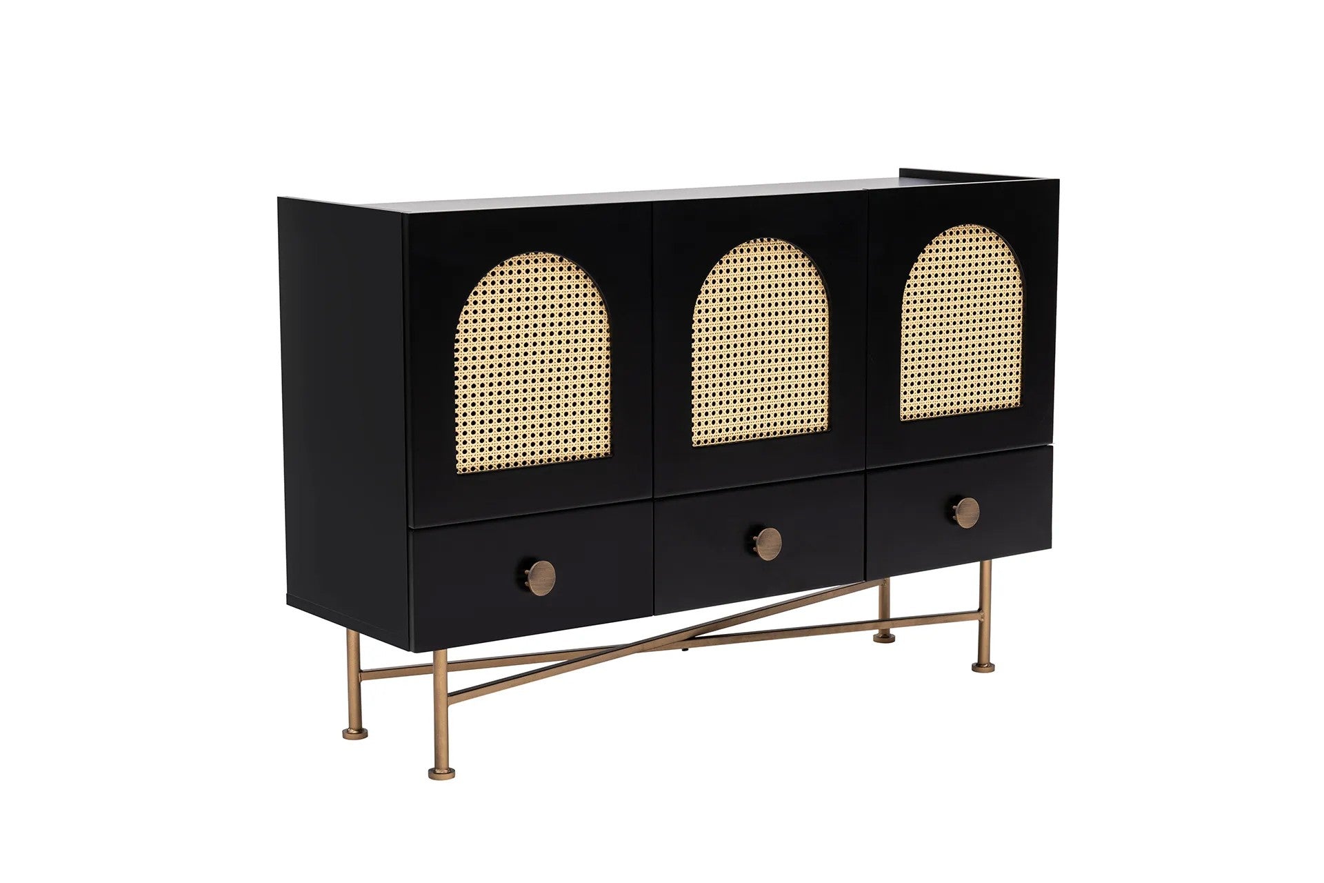 Buffet design avec cannage Kalfi L123xH63cm Bois Noir et Beige avec pieds Or