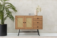 Buffet Fidole L160cm Bois clair, Cannage Beige et Métal Noir