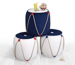 Pouf design tambour Tobila D42cm 50% Coton / 50% Velours Bleu et Blanc