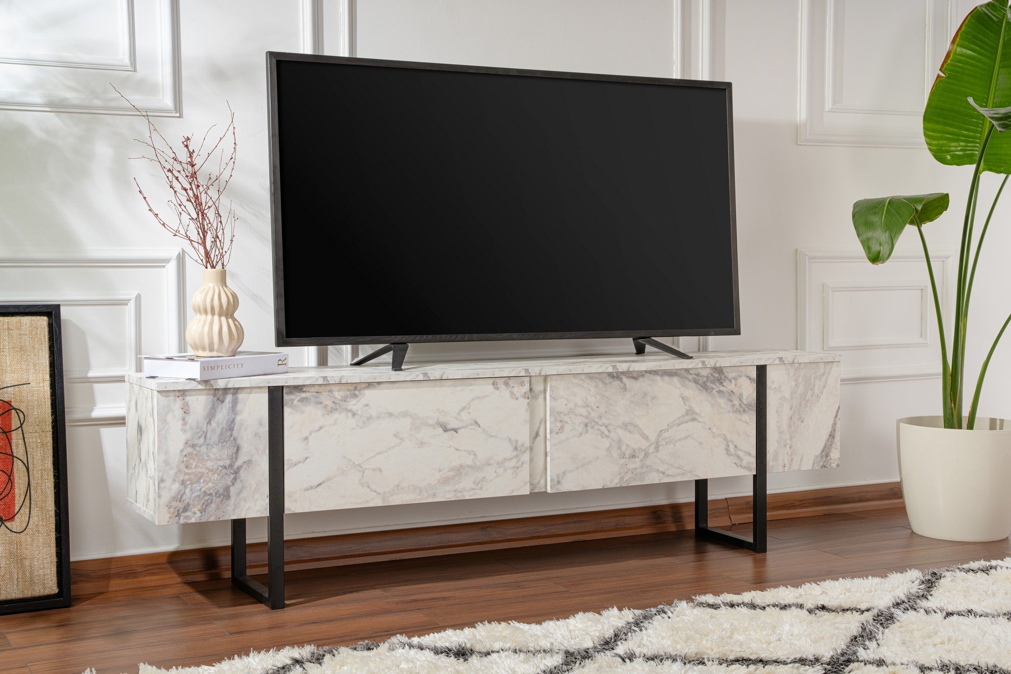 Meuble tv moderne 2 portes basculantes Domenica L180cm Effet marbre et Noir