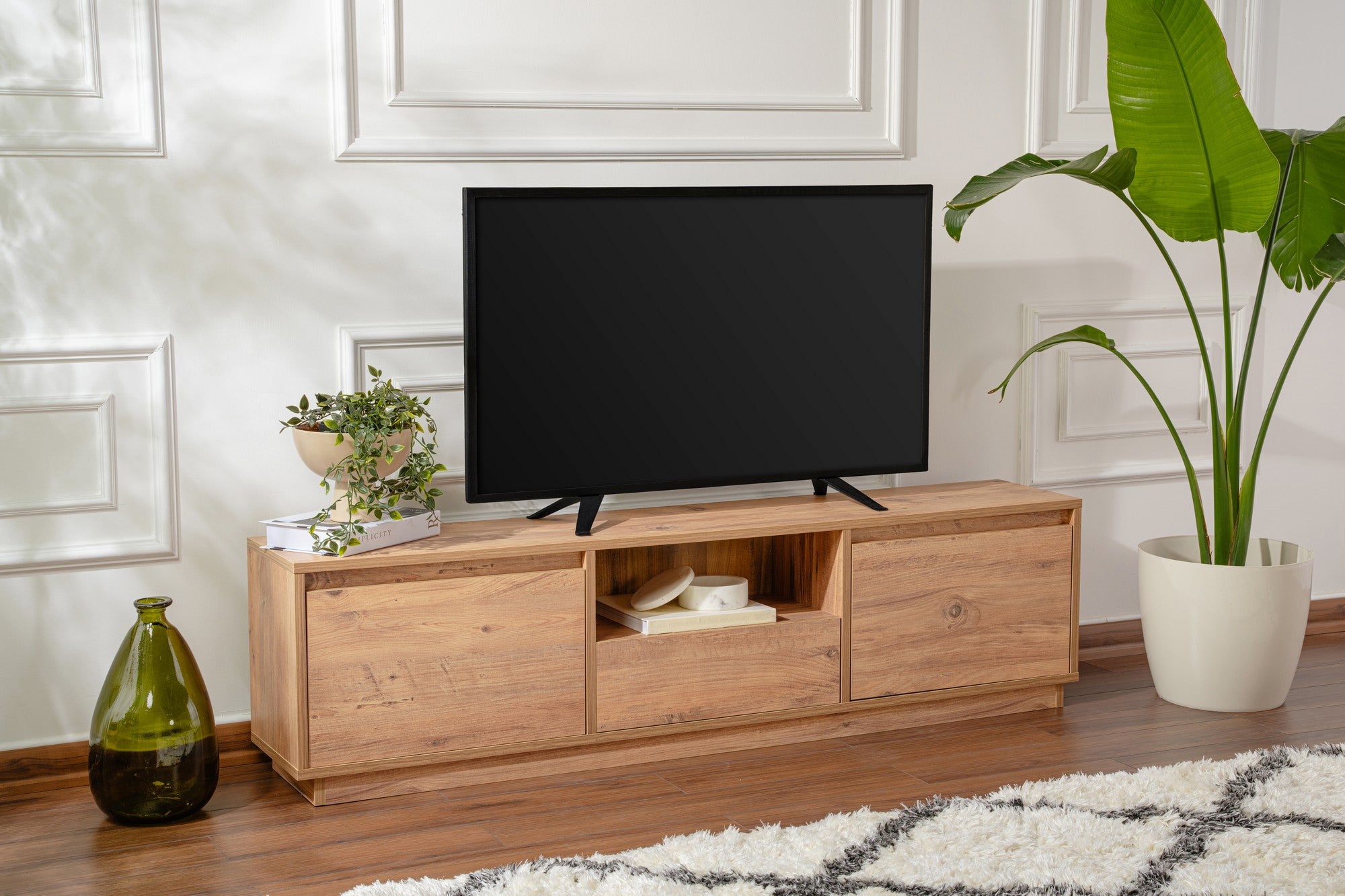 Meuble tv moderne 3 portes basculantes Diazon L160cm Bois clair