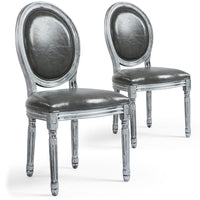Lot de 2 chaises médaillon Louis XVI en simili gris avec structure en bois patiné argent