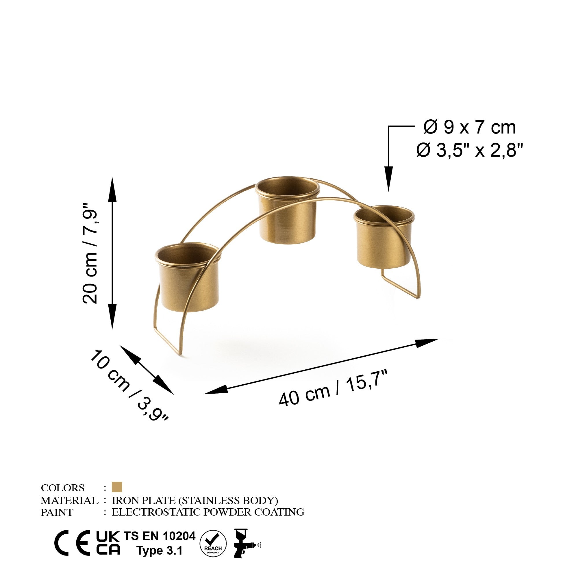 Support 3 pots en arc Isha 40x10cm Métal Or