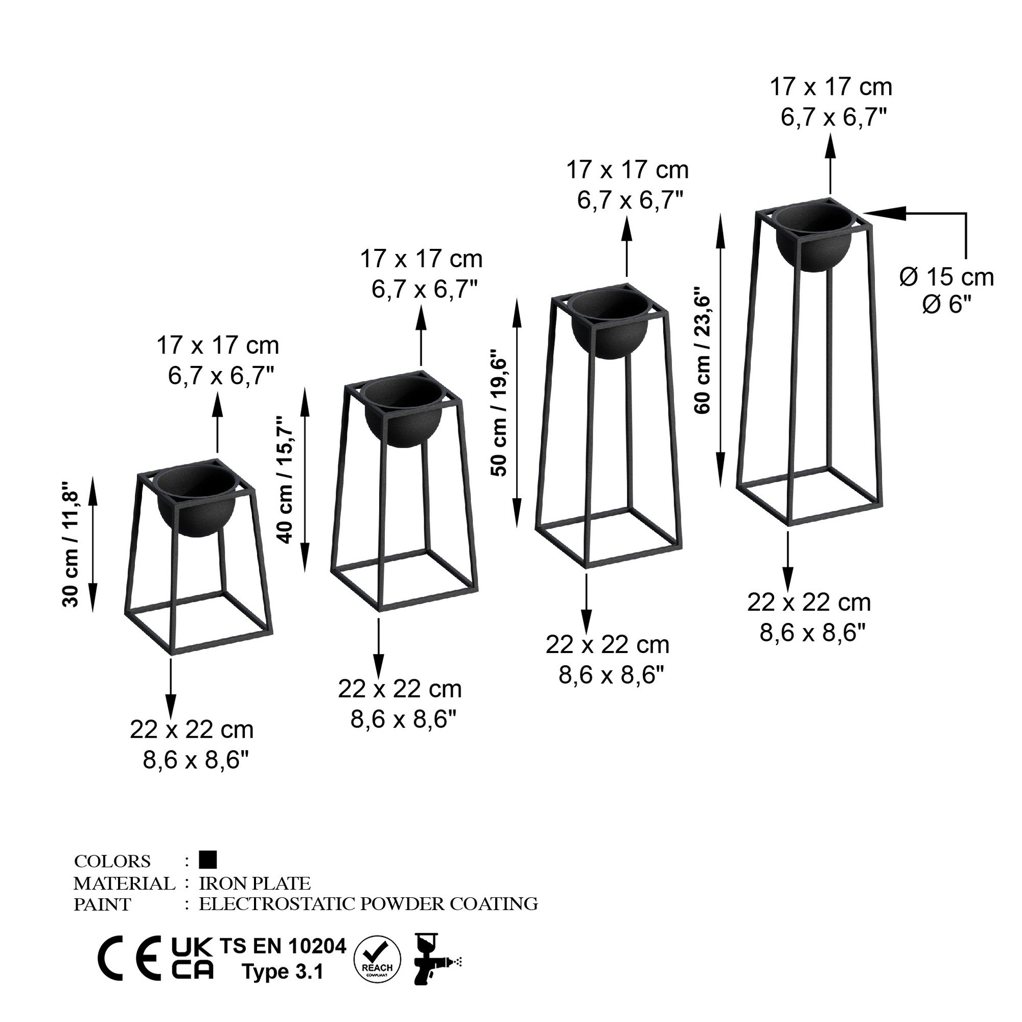 Lot de 4 cache-pots / Bougeoirs Design avec support Feliz Métal Noir