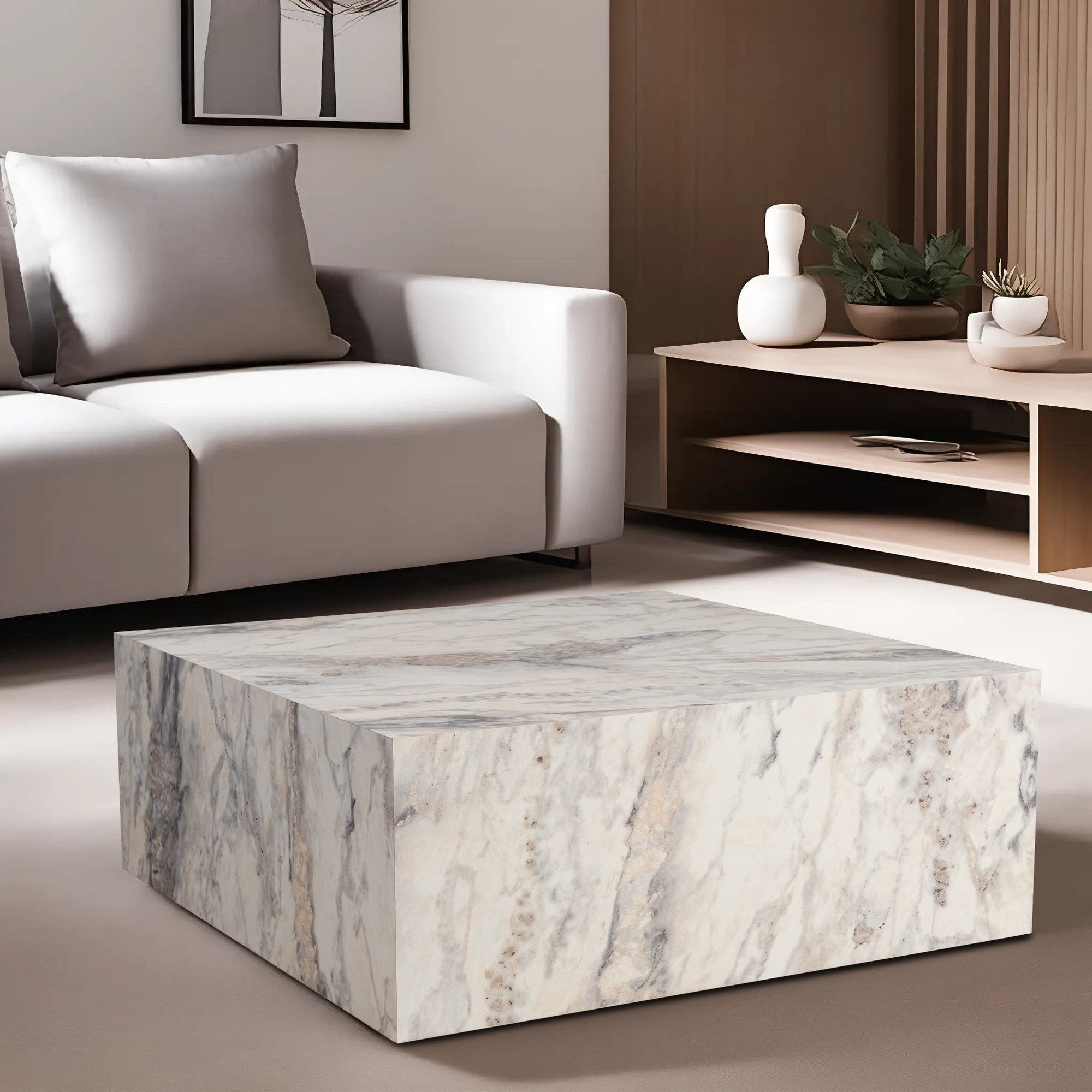 Table basse carrée style contemporain Freezia L90cm Effet marbre Blanc