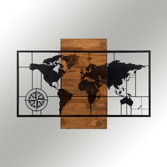 Décoration murale mappemonde points cardinaux Chyralas L85xH58cm Bois foncé et Métal Noir