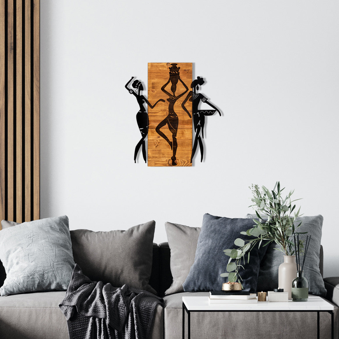 Décoration murale 3 femmes Tatiro L54xH58cm Bois foncé et Métal Noir