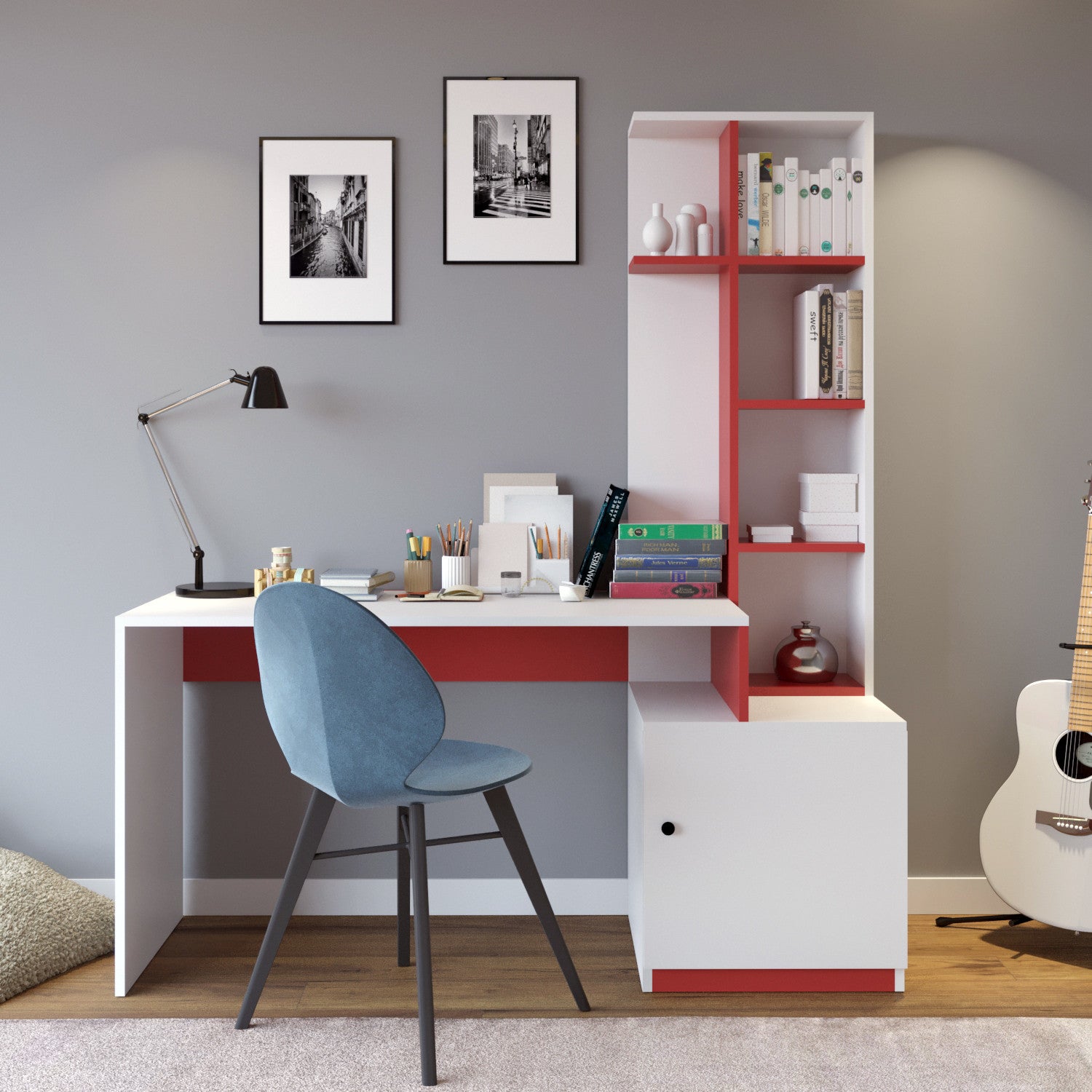 Bureau avec étagère bibliothèque intégrée Dulac Bois blanc et Rouge