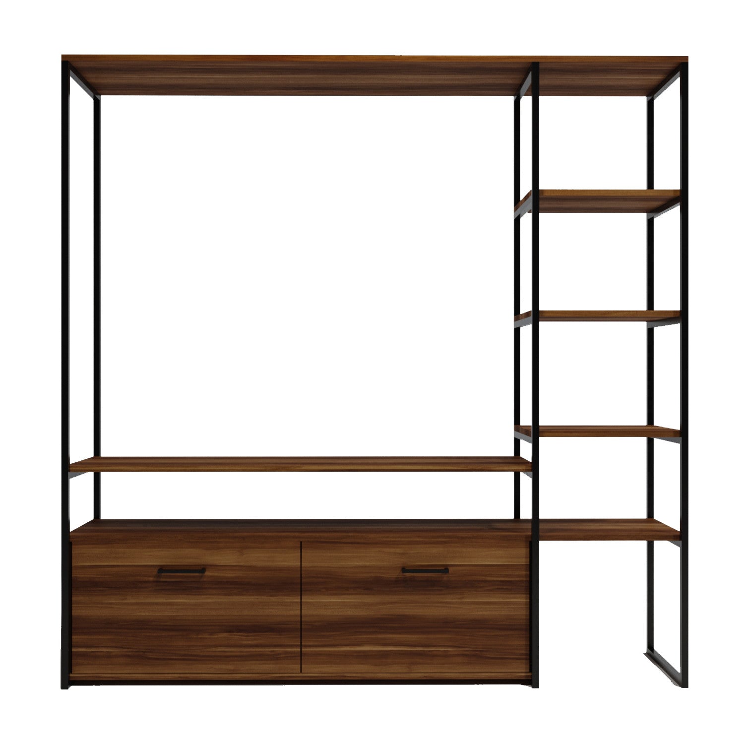 Meuble Tv avec étagère intégré style industriel Hacks L180xH180cm Bois foncé et Métal Noir