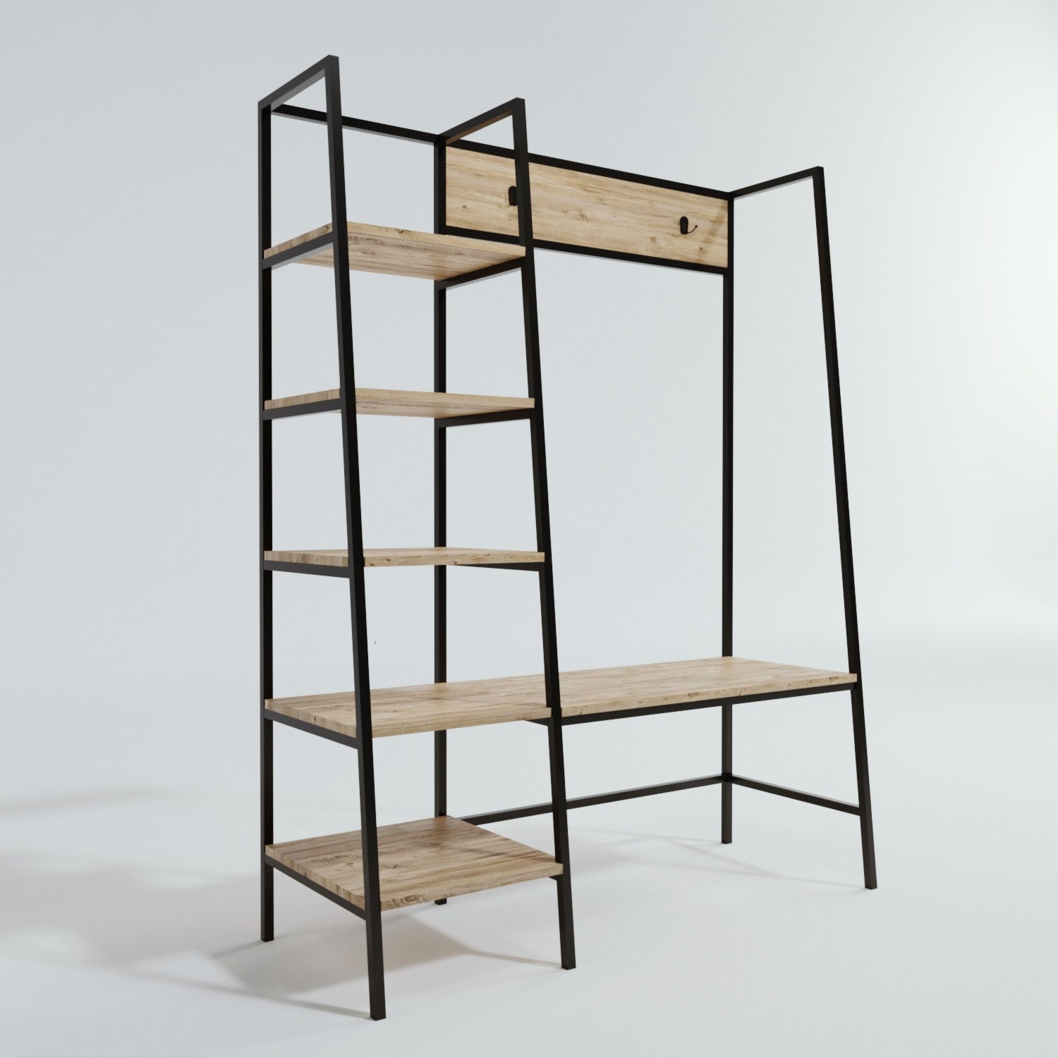 Meuble d'entrée style industriel Duko L160cm Métal Noir et Bois Chêne clair