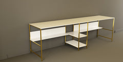 Bureau double avec étagères Wegner L240cm Bois Blanc et Métal Or