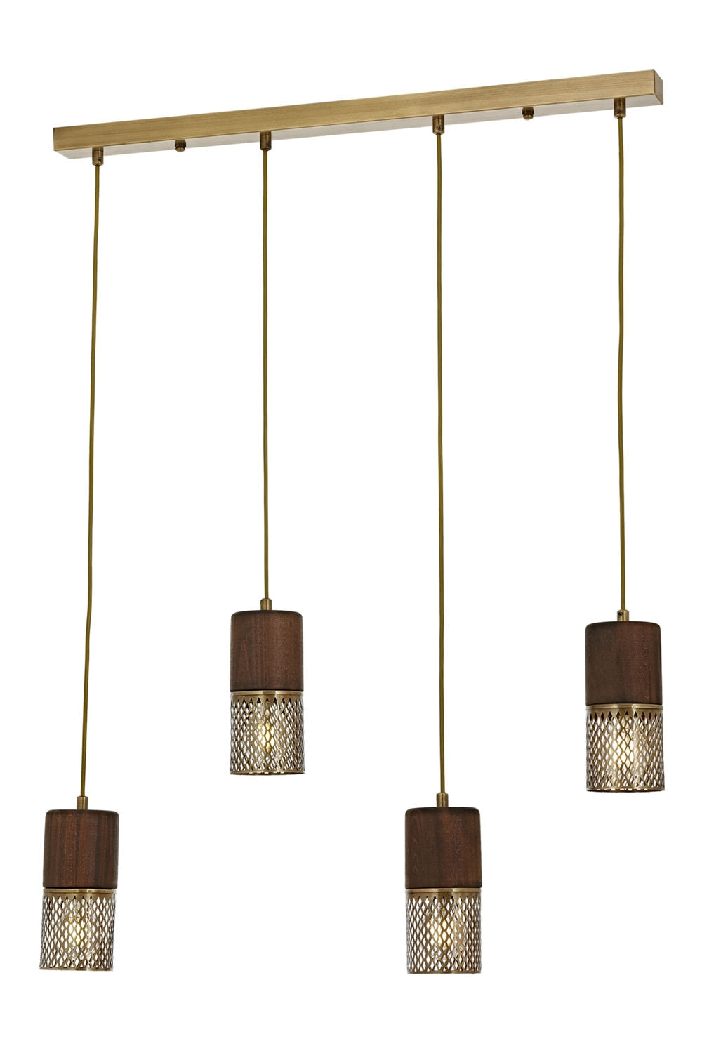 Suspension 4 lampes linéaires Sadan L80cm Bois foncé et Métal Or antique