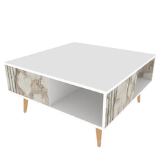 Table basse avec rangement Adia 89x89cm Bois Blanc et Effet marbre Blanc