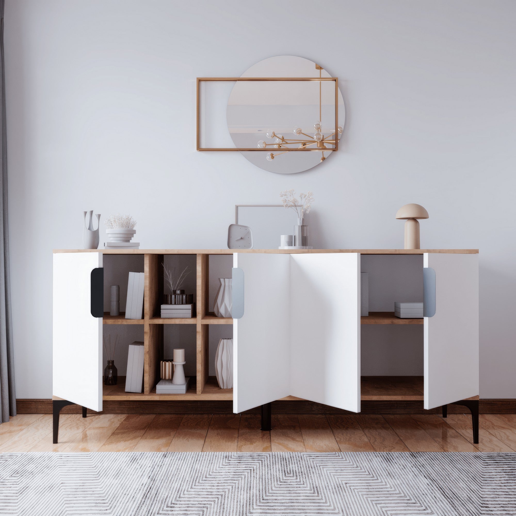 Buffet moderne 4 portes Terez L180cm Blanc et chêne clair