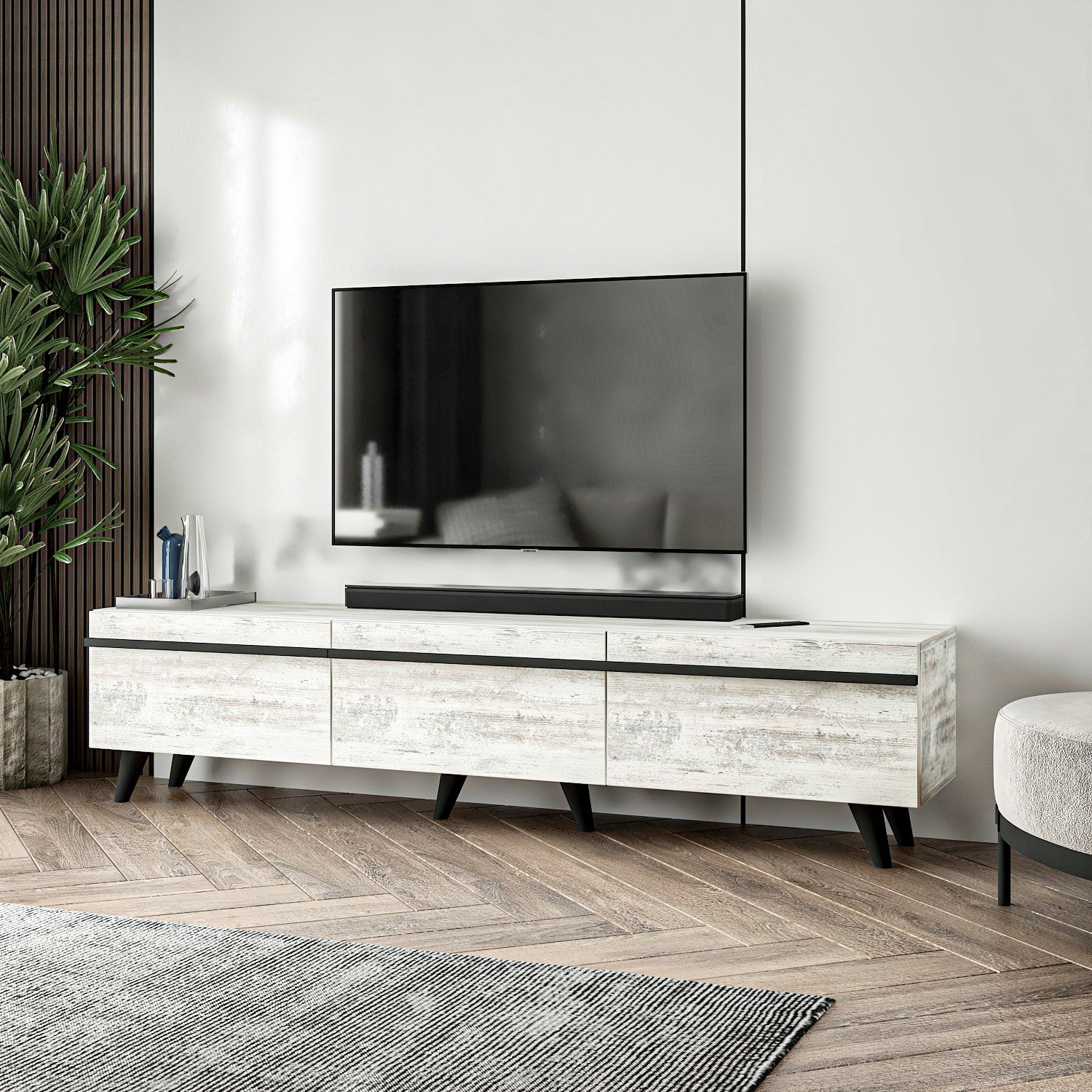 Meuble TV Brazos 180cm Bois Noir et Blanc vieilli