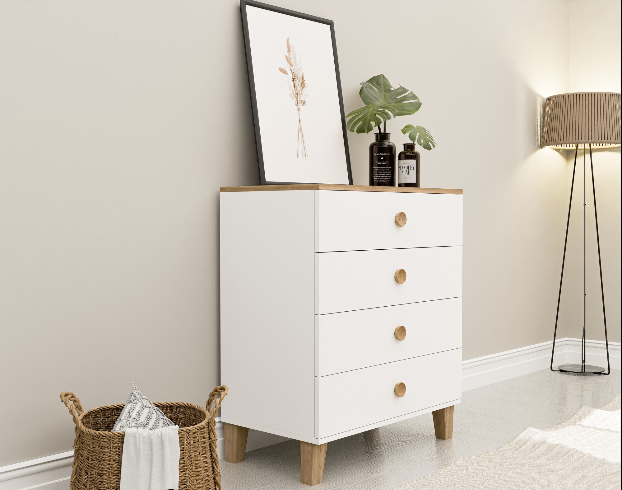 Commode 4 tiroirs Venito L80cm Blanc et Bois clair