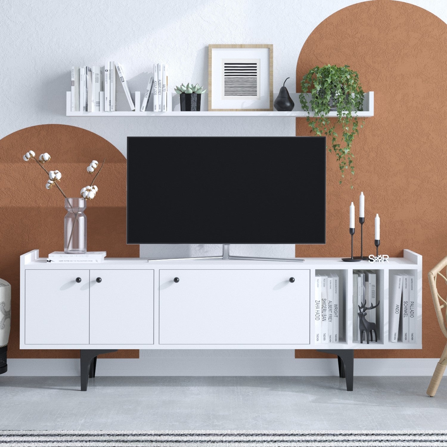 Ensemble meuble TV et étagère murale moderne Orba L150cm Blanc et Noir