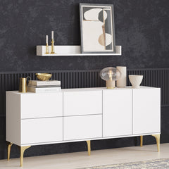 Ensemble buffet 6 portes avec étagère murale Celino Blanc Or