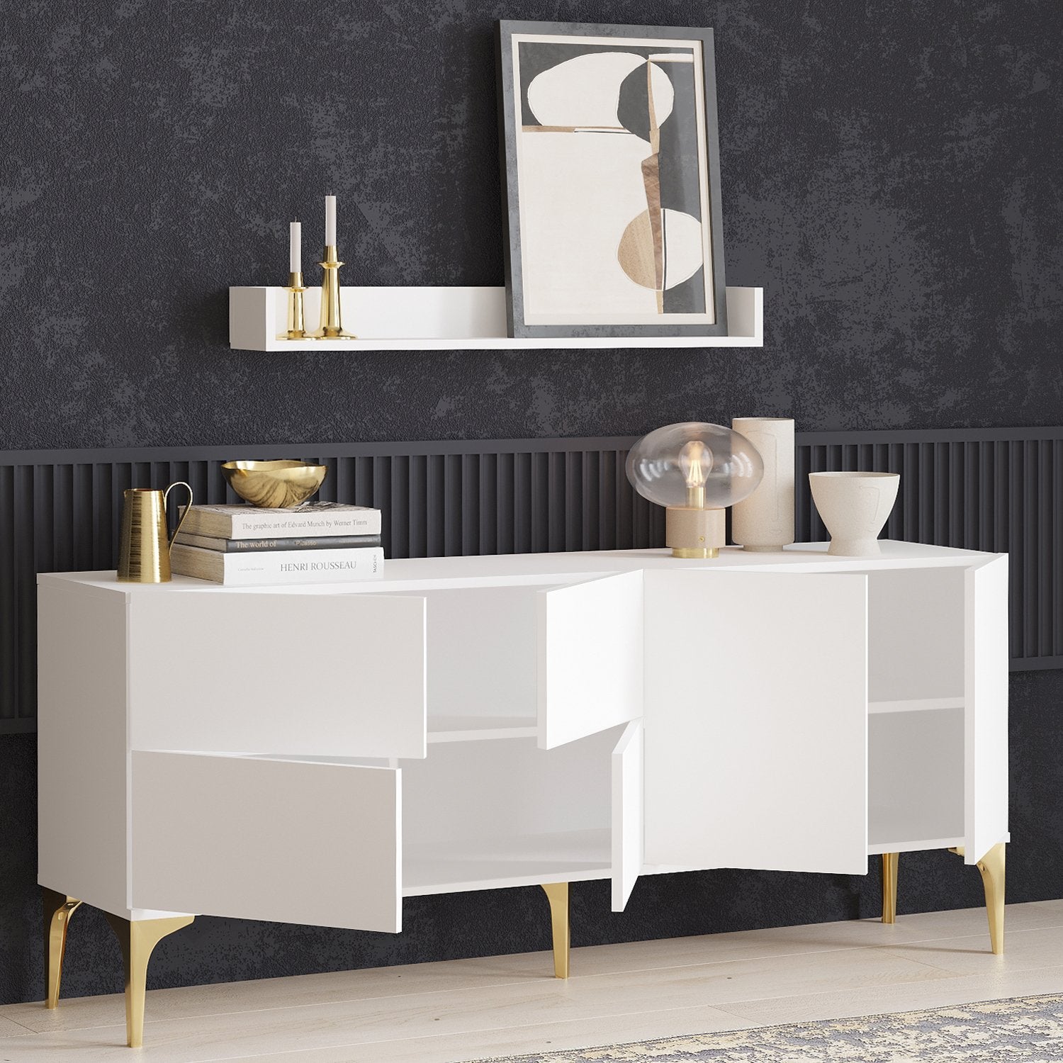 Ensemble buffet 6 portes avec étagère murale Celino Blanc Or