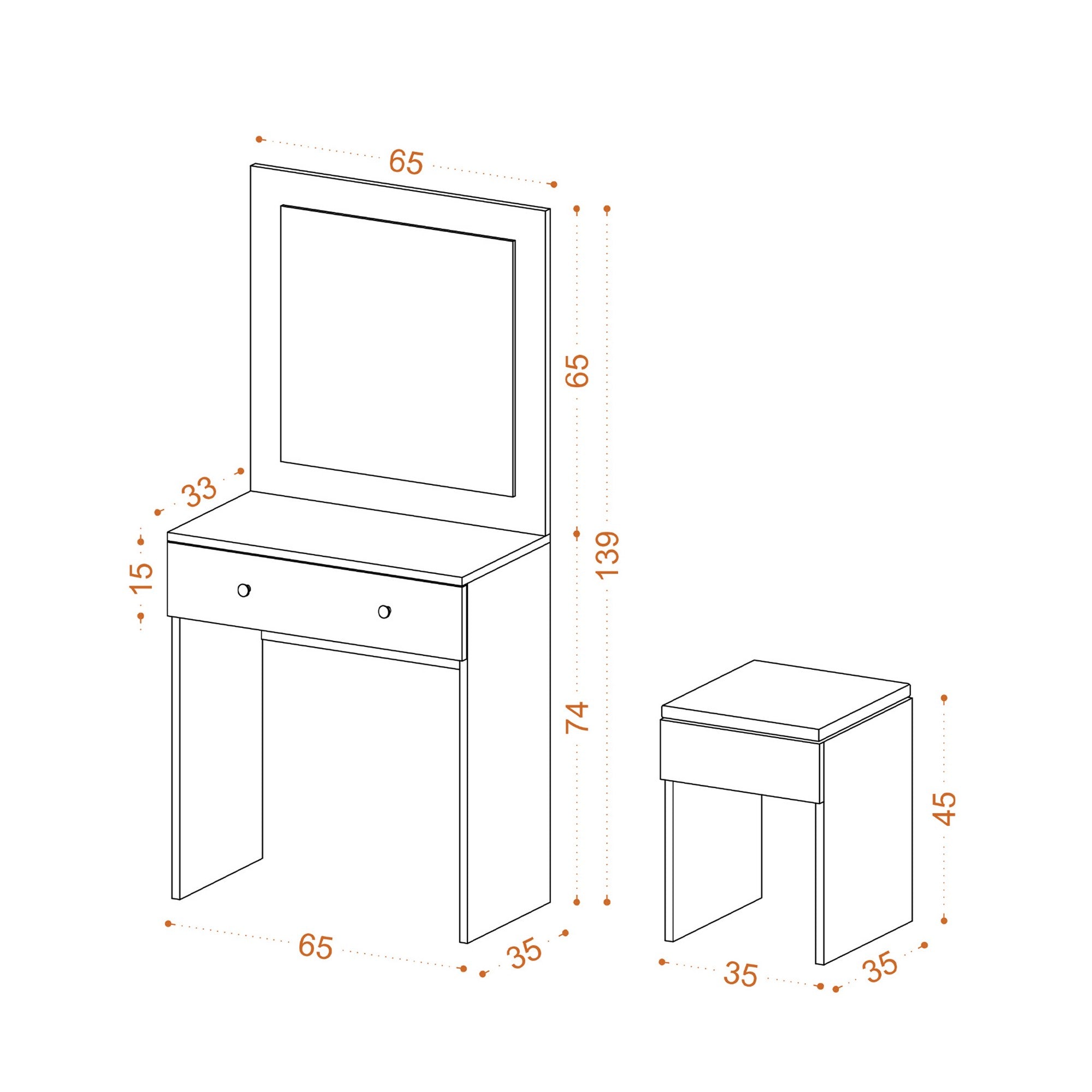 Coiffeuse 1 miroir et 1 tiroir avec tabouret Celina L65cm Blanc et Or